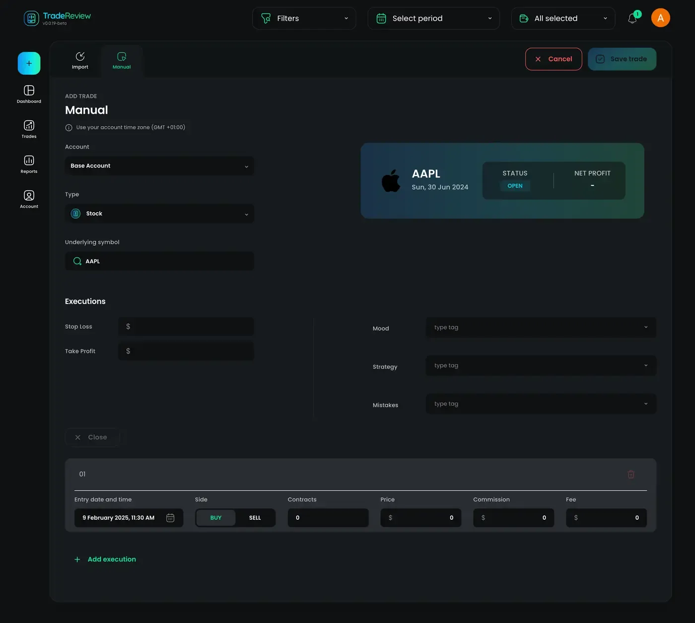 Adding a trade manually in TradeReview