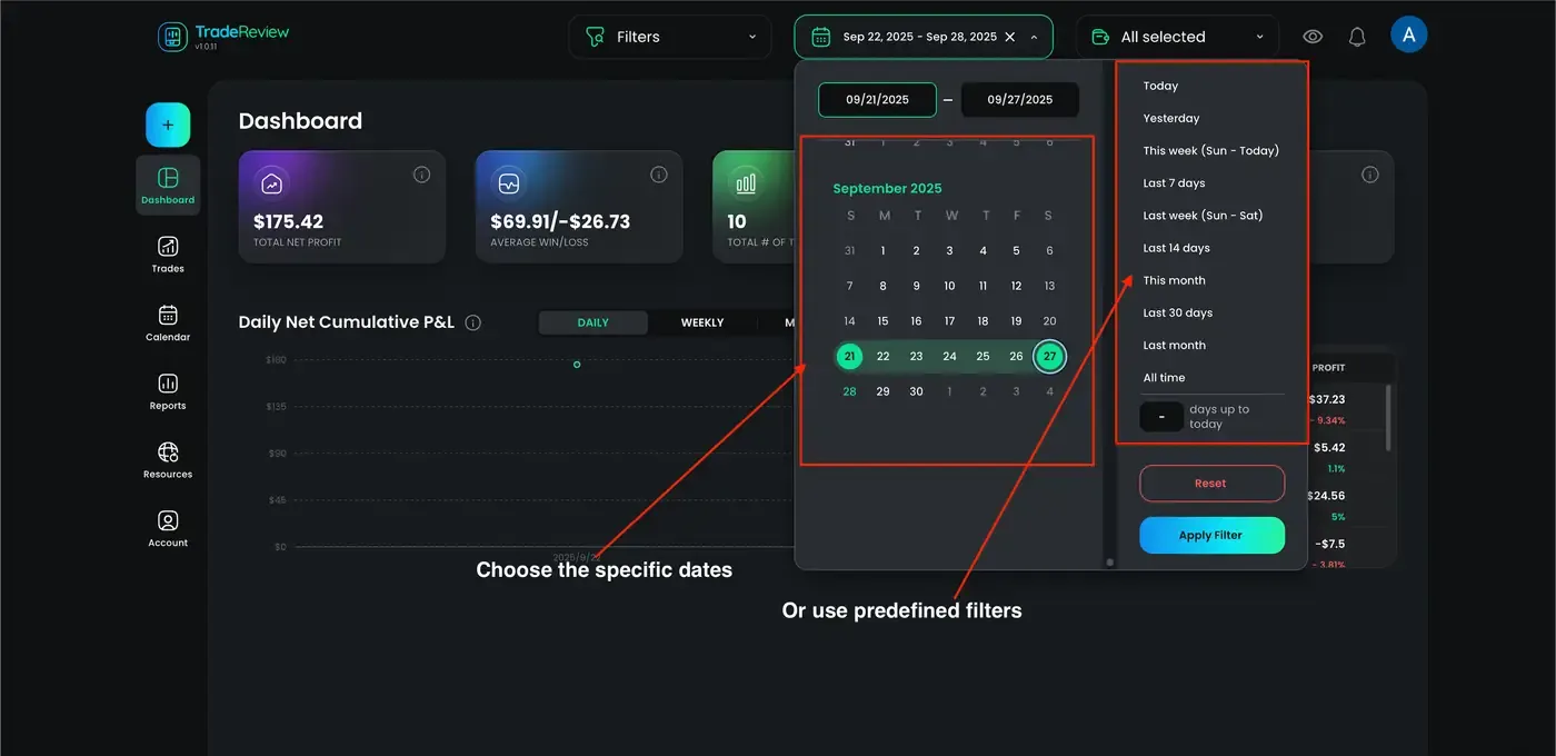 How to filter trades — screenshot 1