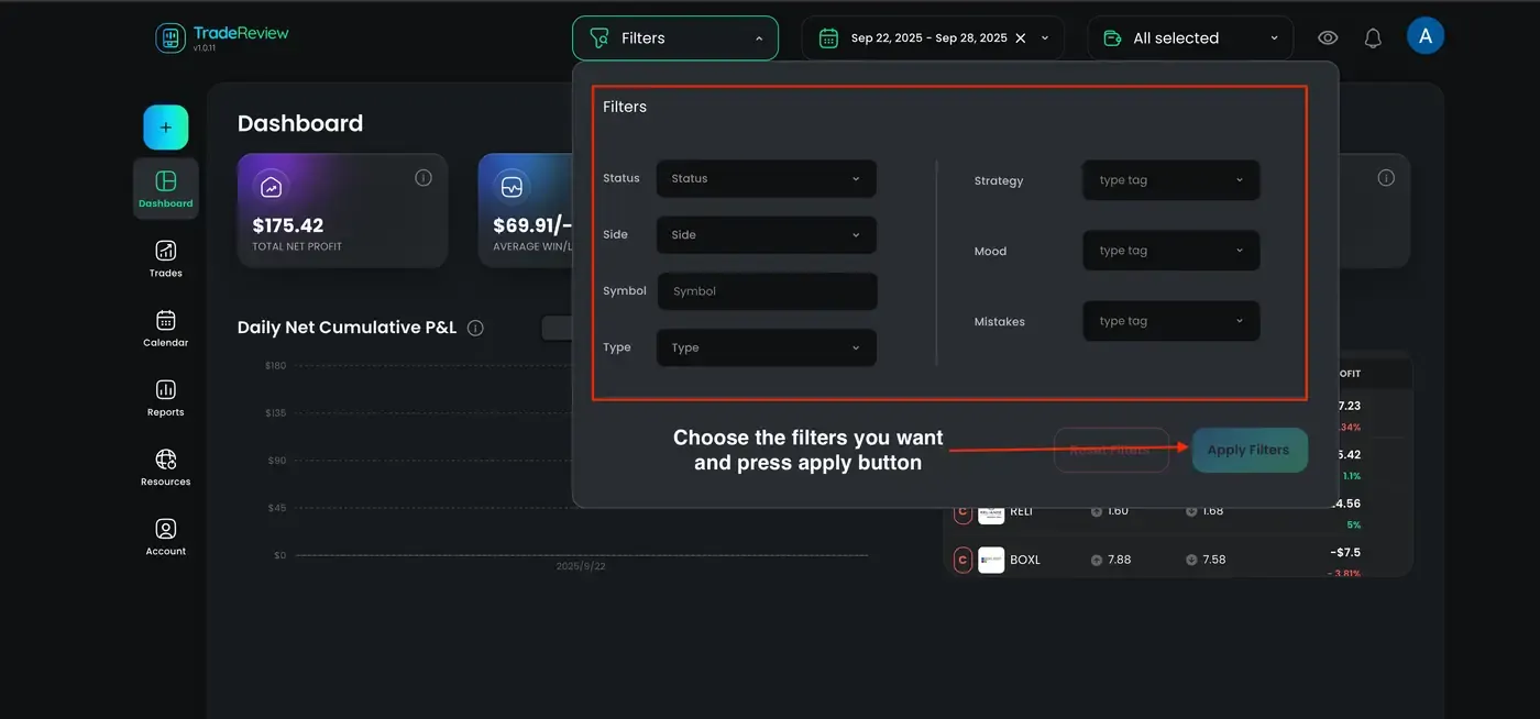 How to filter trades — screenshot 2