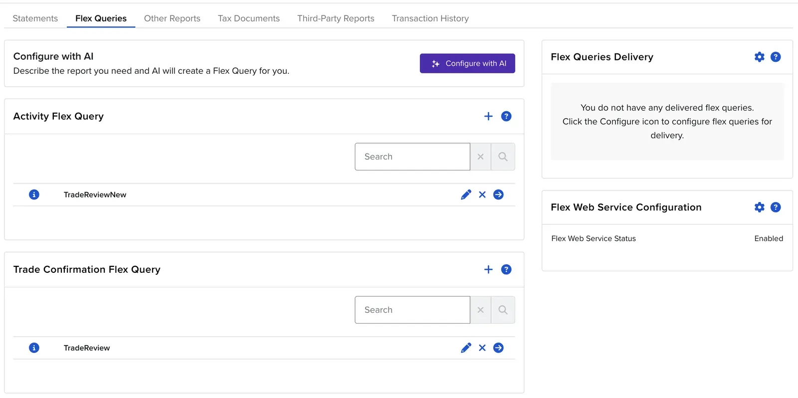 IBKR Flex Queries page with Activity Flex Query, Trade Confirmation Flex Query and Flex Web Service Configuration panels