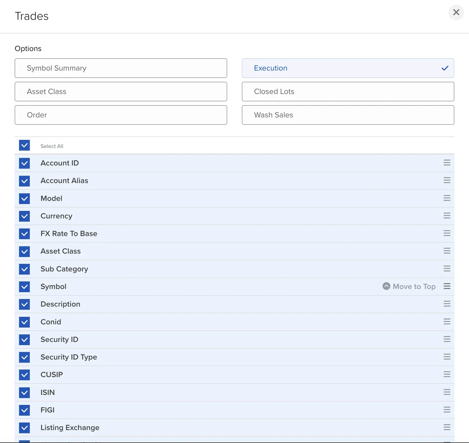 IBKR Activity Flex Query Trades section with the Execution option and Select All ticked