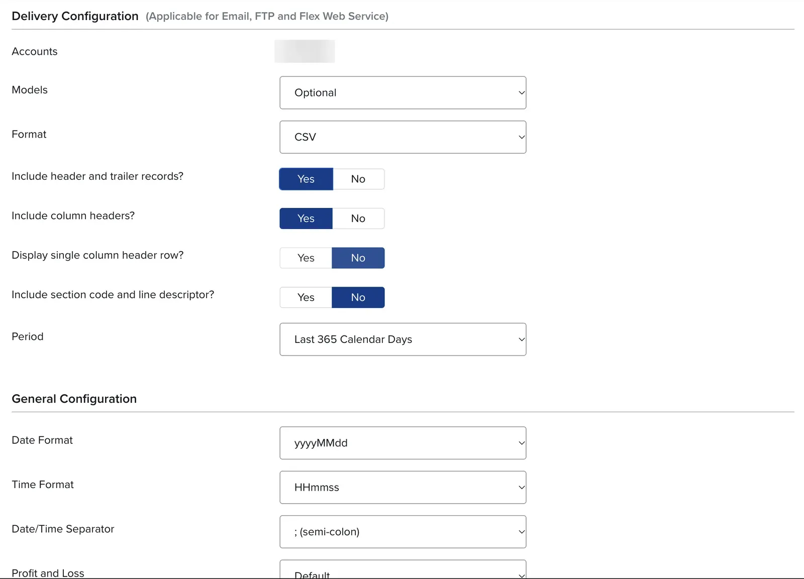 IBKR Activity Flex Query delivery and general configuration: CSV format, header and trailer records, Last 365 Calendar Days, yyyyMMdd and HHmmss