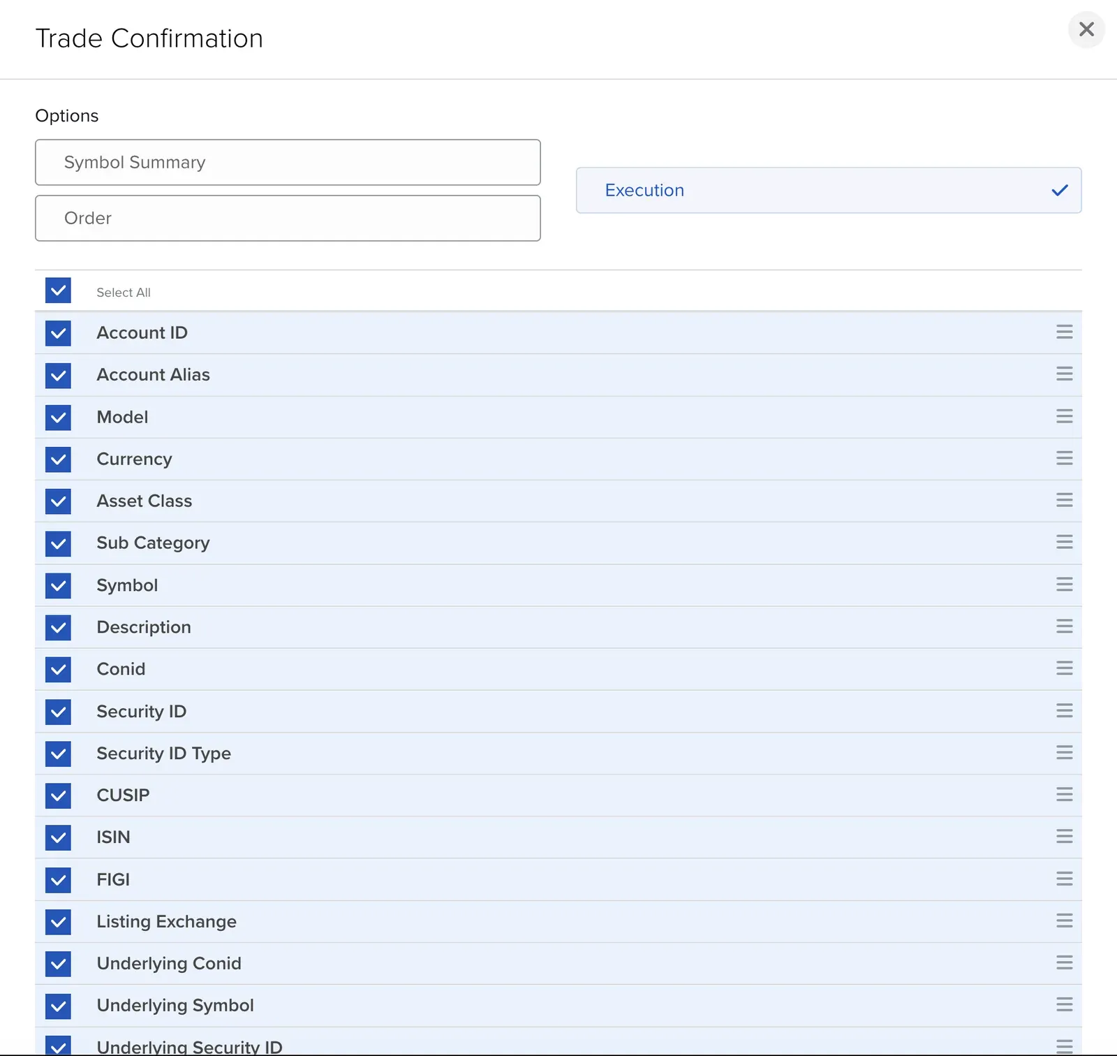 IBKR Trade Confirmation Flex Query section with the Execution option and Select All ticked