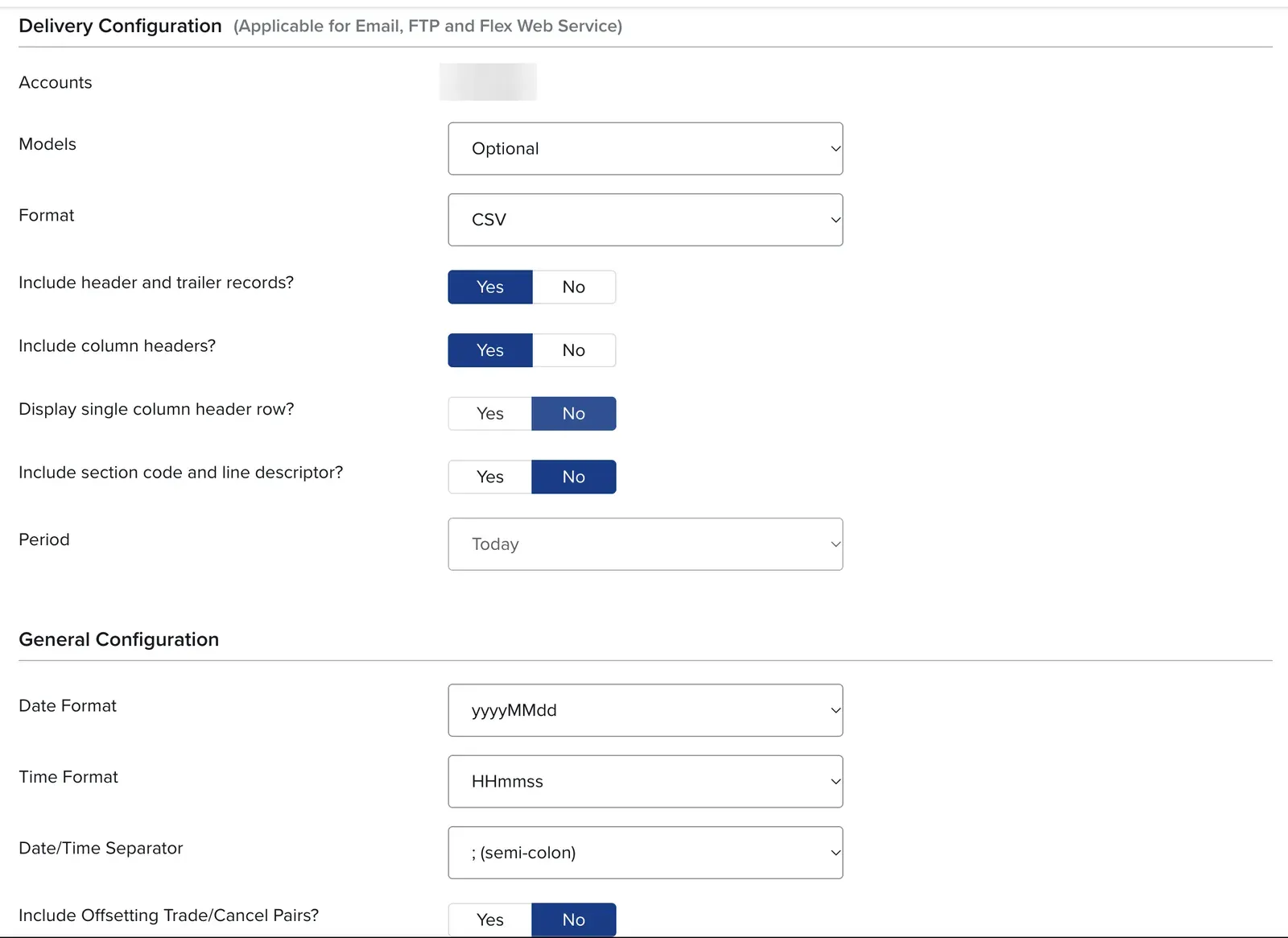 IBKR Trade Confirmation Flex Query delivery settings with CSV format and Period set to Today