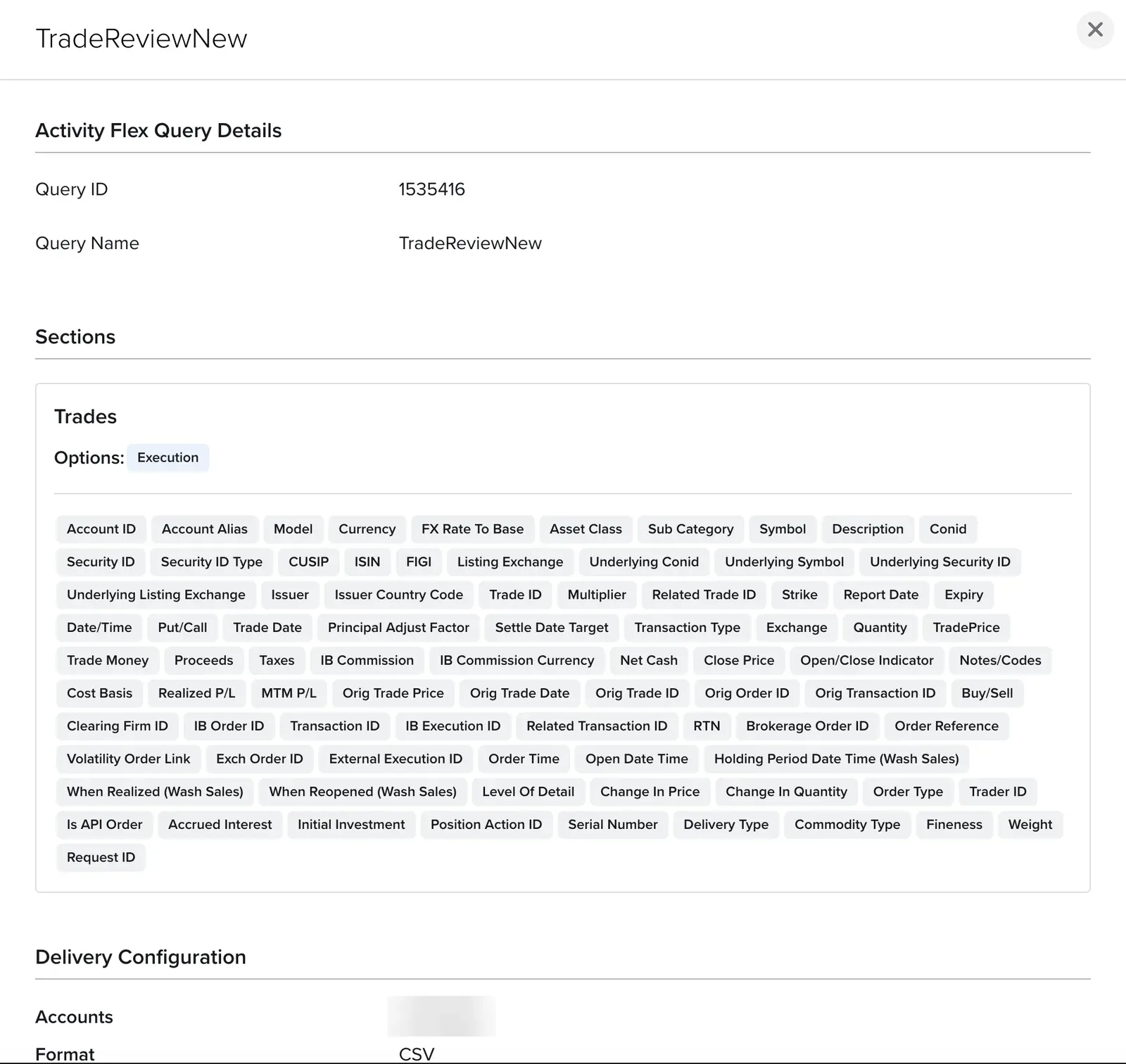 IBKR Activity Flex Query details window showing the Query ID
