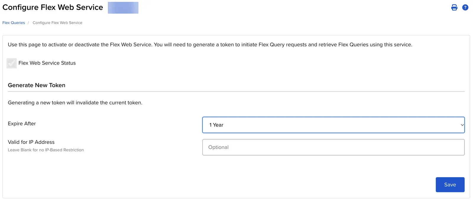 IBKR Configure Flex Web Service page with Expire After set to 1 Year and the IP address field left blank