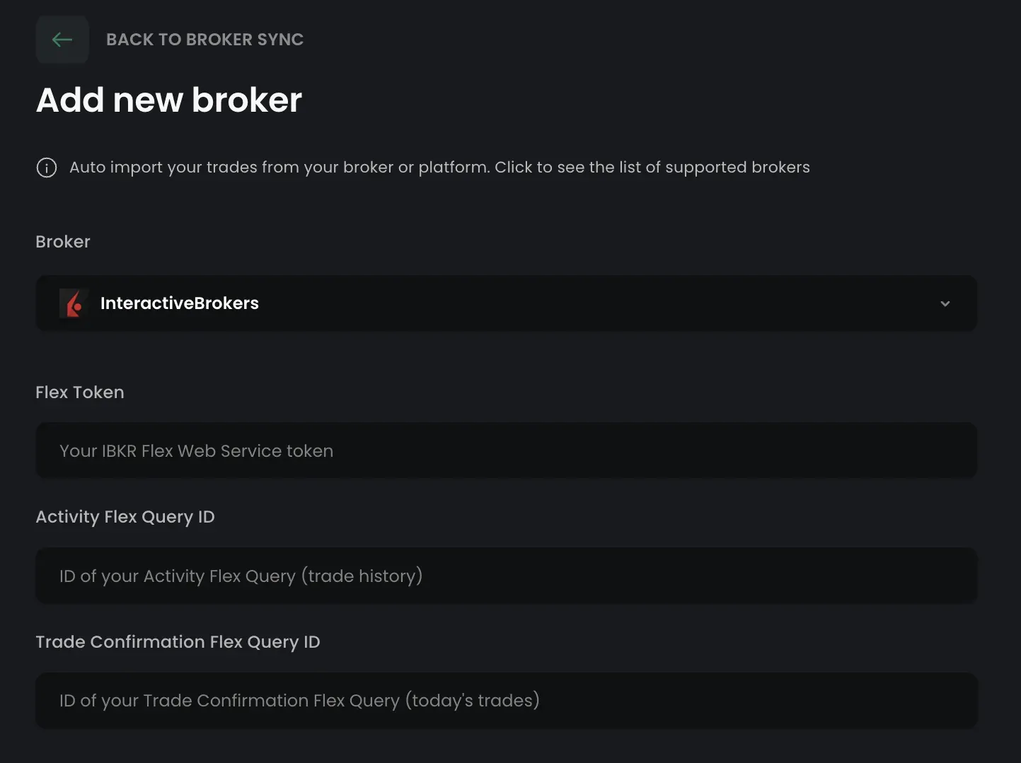TradeReview Add new broker form with Interactive Brokers selected, showing the Flex Token, Activity Flex Query ID and Trade Confirmation Flex Query ID fields